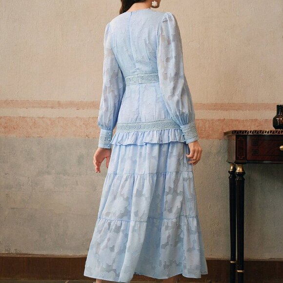 Baby Blue Elegant Women's French Style Ruched V-Neck Puff Sleeve Maxi Dress - Picture 2 of 6